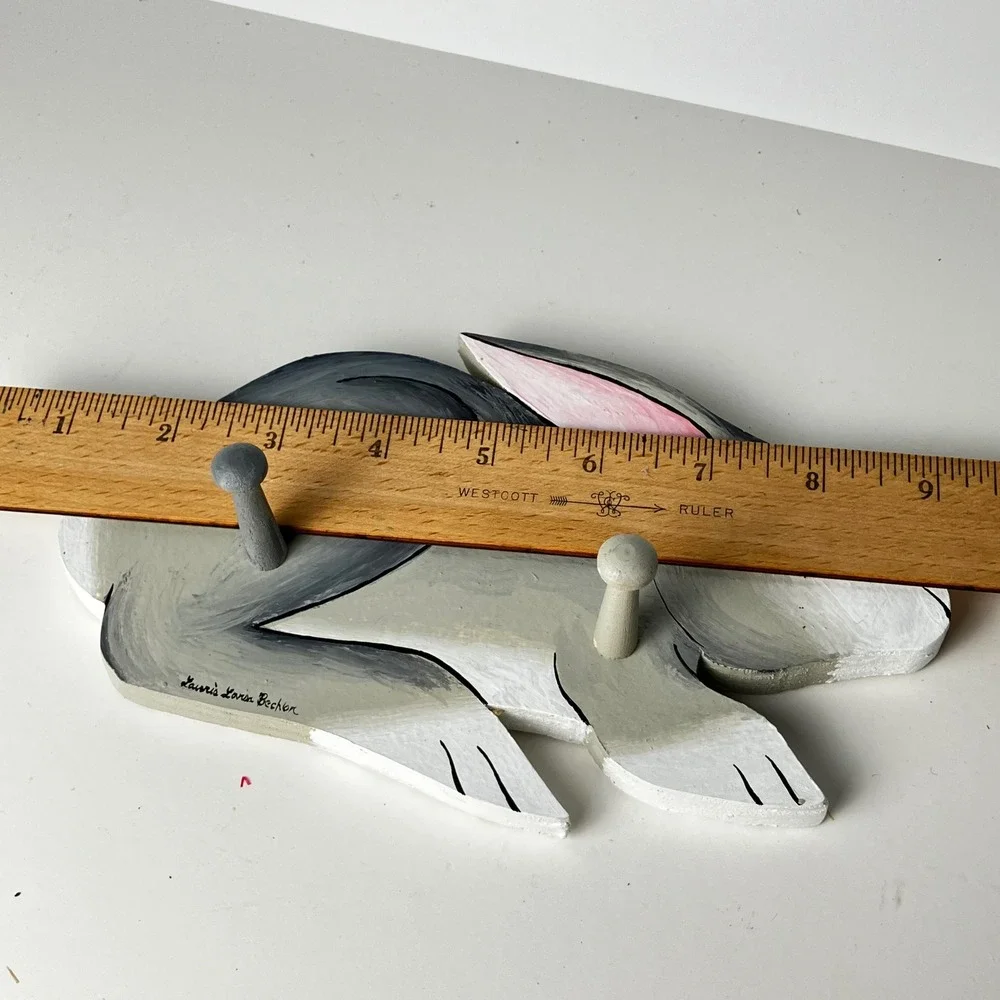 Laurie Becher Wall Hook Rack Bunny Rabbit 9.5in Gray Hand Painted Wood Whimsical